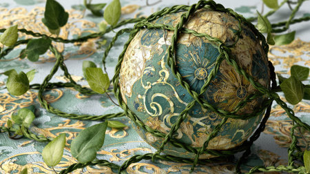A beautifully crafted decorative globe entwined with fresh green vines, set against an intricate textile background, showcasing a blend of nature and elegance.の素材