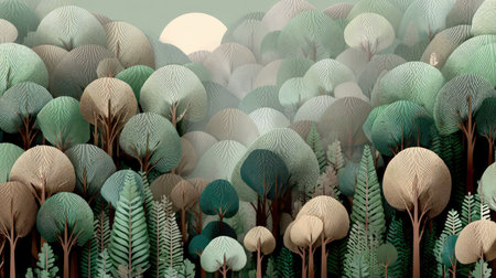 A captivating illustration of a lush forest filled with abstract trees and soft moonlight, highlighting the beauty of nature in a serene and tranquil environment.の素材