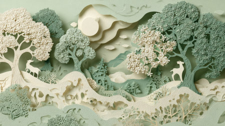 This stunning paper-cut artwork features a serene landscape with intricate trees, rolling hills, and delicate wildlife, all in soft pastel hues.の素材