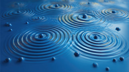 A close-up view of a serene water surface displays circular ripples and droplets, creating a calming effect with soft reflections and a captivating blue tone.の素材