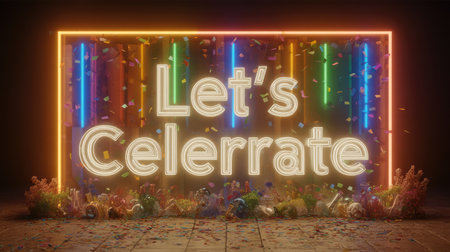 Vibrant neon sign highlighting the word "Celebrate" amidst a colorful array of confetti and decorative elements, perfect for event promotion.の素材