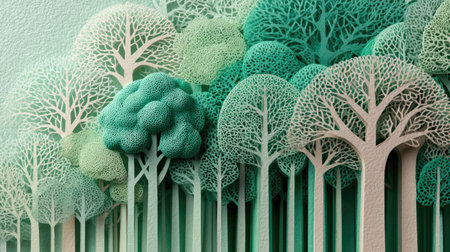 This stunning artwork showcases a three-dimensional forest scene created with layered paper, highlighting unique tree designs in soothing shades of green and white.の素材