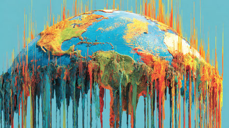 This vibrant abstract illustration showcases a melting Earth, symbolizing the pressing issues of environmental change and global warming through dynamic colors and textures.の素材