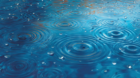 Captivating image of raindrops falling on a serene blue water surface, creating beautiful ripples and reflections, evoking a soothing atmosphere.の素材