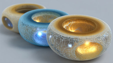 This abstract image features three glowing objects with intricate patterns, showcasing soft colors and unique designs ideal for modern creative projects.の素材