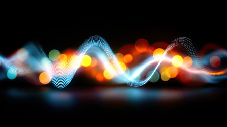 Vibrant abstract image featuring colorful light waves with a captivating bokeh effect against a dark background, ideal for creative and modern design projects.の素材