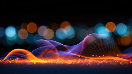 This stunning abstract image features colorful waves illuminated by bright bokeh lights against a dark background, perfect for creative projects.の素材
