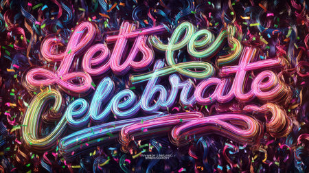 An eye-catching neon sign featuring the phrase "Let's Celebrate" surrounded by colorful confetti and swirling lines, perfect for festive events and parties.の素材