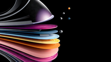 This abstract artwork features a dynamic arrangement of colorful layers with floating spheres, set against a striking black background, ideal for modern design themes.の素材