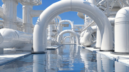 A striking image showcasing modern industrial architecture featuring white pipelines and tranquil water reflections under a blue sky, perfect for technology themes.の素材