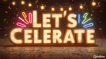 A vibrant and joyful celebration sign illuminated with bright lights and adorned with colorful confetti, perfect for festive events and gatherings.の素材