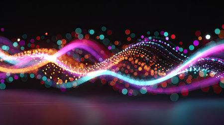 A mesmerizing display of colorful abstract waves with glowing particles set against a dark background, ideal for artistic and modern visual projects.の素材