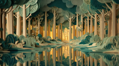 This enchanting paper forest features intricately crafted trees and a serene water surface that beautifully reflects the surroundings. A perfect blend of art and nature.の素材