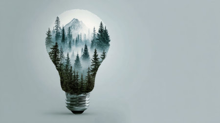 Artistic depiction of a light bulb filled with a forest and mountain scenery, symbolizing the blend of nature and innovation, promoting eco-consciousness.の素材
