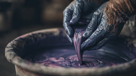 Close-up of hands wearing blue gloves engaging in the tactile process of mixing a vibrant purple pigment in a rustic pottery bowl, showcasing creativity and craftsmanship.の素材
