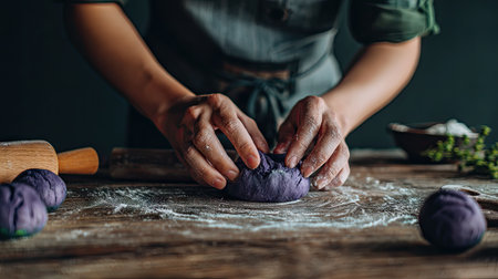 A pair of hands kneads vibrant purple dough on a rustic wooden table. Flour dust creates an inviting atmosphere, showcasing culinary creativity and inspiration.の素材