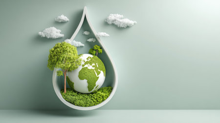 This artistic image features a globe nestled within a green droplet, representing the harmony between nature and the environment, promoting sustainability.の素材