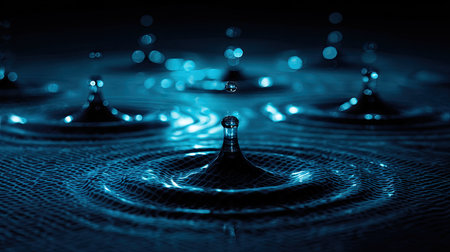 This captivating image features blue water droplets creating intricate ripples against a dark backdrop. The abstract quality highlights the beauty of liquid movement.の素材