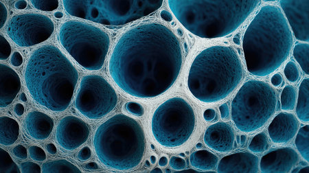 Intricate close-up featuring a textured surface with blue and white hues, showcasing a porous structure filled with bubbles and holes, perfect for abstract themes.の素材