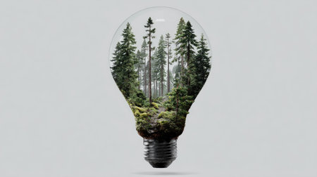 This creative imagery features a light bulb filled with a serene forest landscape, symbolizing the connection between nature and energy. It highlights sustainability and innovation in design.の素材