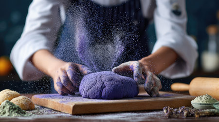 A chef elegantly prepares unique purple dough in a bright kitchen, showcasing culinary creativity through vibrant colors and skilled hands.の素材
