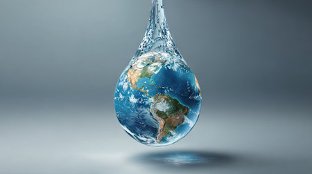 This stunning image features a water drop suspended in mid-air, highlighting a vibrant planet Earth within the droplet, symbolizing beauty and sustainability.の素材