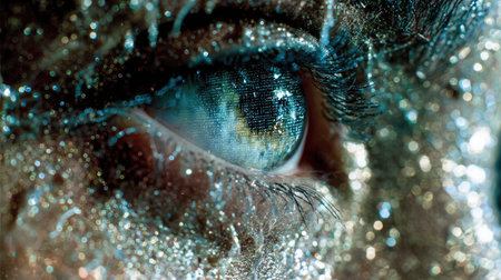 This mesmerizing close-up captures the intricate details of a human eye adorned with vibrant glitter, showcasing stunning reflections and textures.の素材