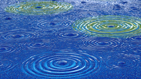 Stunning close-up of rippling water surface showcasing raindrops forming beautiful circular patterns on vibrant blue backdrop, evoking serenity and calmness.の素材