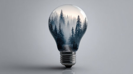 This stunning image features a light bulb encapsulating a misty forest landscape, symbolizing the fusion of creativity and nature, evoking inspiration and tranquility.の素材