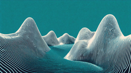 This image features an abstract landscape showcasing textured mountains in vibrant turquoise hues, evoking a sense of depth and artistic elegance.の素材
