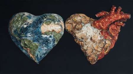 This striking artwork presents a creative blend of the Earth and a human heart, symbolizing the deep connection between nature and humanity. The vibrant colors and textures invite viewers to explore themes of love, ecology, and artistic expression.の素材