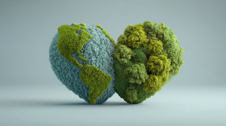 A heart-shaped globe made of lush greenery symbolizes love and harmony between humanity and the environment, inspiring thoughts on sustainability.の素材