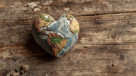 A heart-shaped representation of the world map rests on a rustic wooden surface, symbolizing global love, unity, and emotional connection among people.の素材