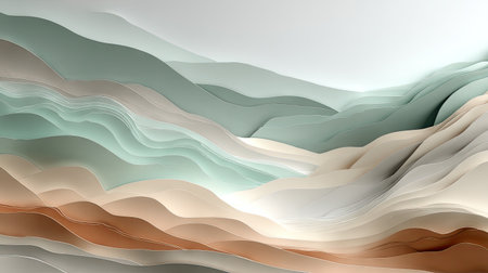 An elegant abstract landscape featuring soft waves and gentle gradients in serene tones of mint, beige, and cream, perfect for modern decor.の素材