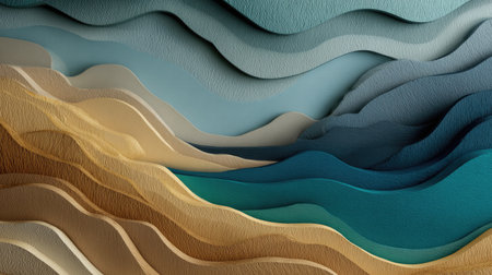 This captivating abstract image features flowing waves of textured paper in soothing earth tones and blue gradients, ideal for artistic decor.の素材