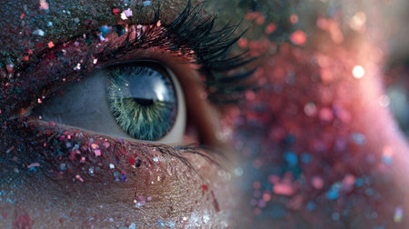 This striking close-up captures an eye adorned with colorful glitter and sparkles, embodying beauty, creativity, and artistic flair, perfect for diverse projects.の素材
