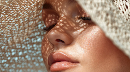 A stunning close-up portrait of a woman wearing a straw hat, showcasing delicate shadows on her radiant skin, evoking summertime and beauty.の素材