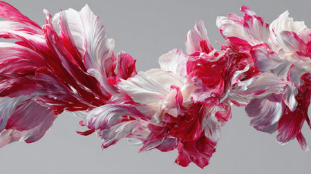Stunning abstract artwork featuring vibrant red and white brush strokes that create a dynamic and flowing floral pattern against a soft gray backdrop.の素材