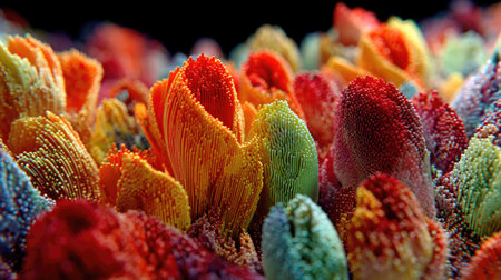 This stunning abstract image features vibrant organic shapes that resemble a colorful garden, showcasing intricate textures and a fantastical landscape.の素材