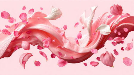 This enchanting image features a flowing silk fabric intertwined with vibrant flower petals, creating a harmonious blend of softness and beauty against a pink background.の素材