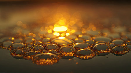 A stunning close-up of bubbles floating in a golden liquid, capturing the essence of tranquility and warmth. The interplay of light creates an artistic effect that enhances any visual theme.の素材
