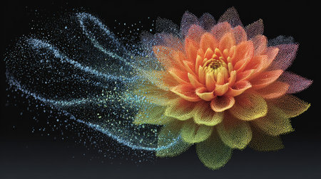 This stunning digital artwork features a colorful flower bloom surrounded by vibrant particles, creating a sense of movement and harmony in nature-inspired art.の素材