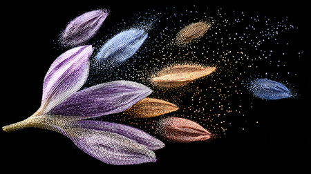 This stunning digital artwork features an abstract representation of colorful flowers in motion, blending smooth lines and vibrant particles against a dark backdrop.の素材