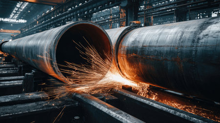 A dramatic scene in an industrial workshop featuring steel pipes with vibrant sparks flying during a welding process, showcasing the energy of manufacturing.の素材