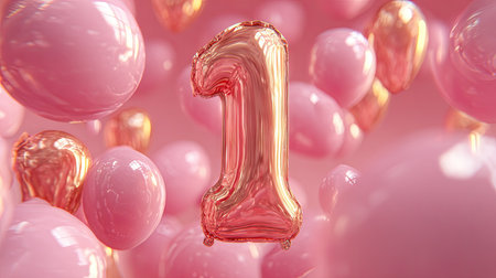 This vibrant image features a shiny pink and gold balloon in the shape of the number one, surrounded by soft pink balloons, perfect for a celebration.の素材