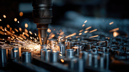 A dynamic scene captures the moment of sparks flying from a metal cutting tool in an industrial workshop, highlighting the precision and craftsmanship involved in metalworking.の素材