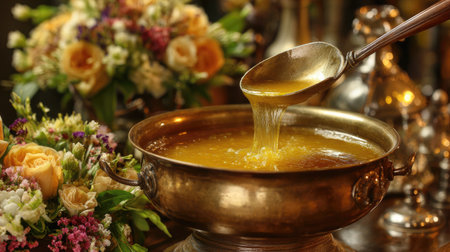 A beautiful scene showcasing golden broth being served from an elegant bowl, accompanied by lovely floral arrangements, perfect for culinary inspirations.の素材