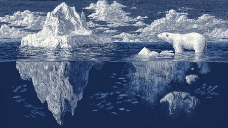 This stunning illustration depicts polar bears on icebergs in a serene Arctic landscape, showcasing their reflection beneath the water. The tranquil scene highlights wildlife and the beauty of the cold environment, perfect for nature lovers.の素材