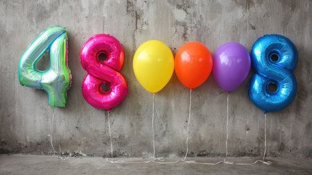 This captivating image features colorful balloons forming the number eight, set against a rustic wall. Perfect for celebration themes and event decor.の素材