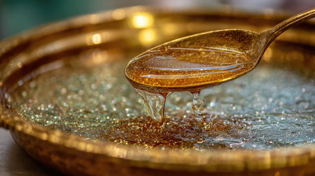 This stunning close-up captures golden honey dripping from a spoon onto a traditional plate, highlighting the rich texture and glossy sheen, evoking sweetness.の素材